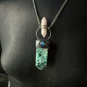 Labradorite Pheonix stone rose quartz Pendant Necklace boho witchy style jewelry